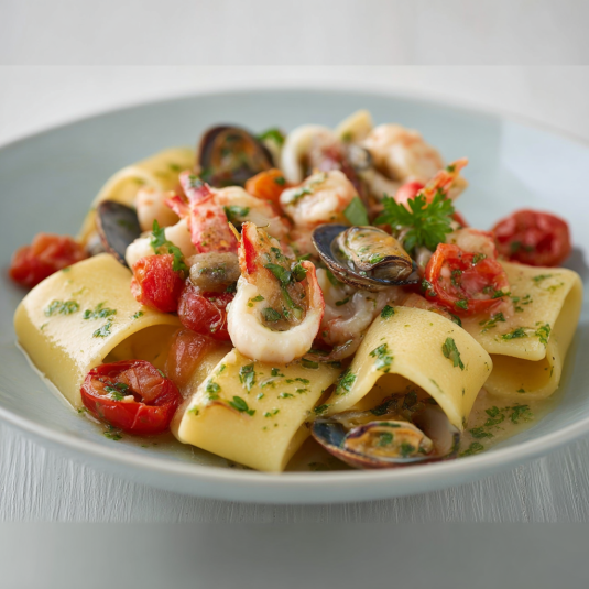 Piatti di pasta con pesce e verdure.