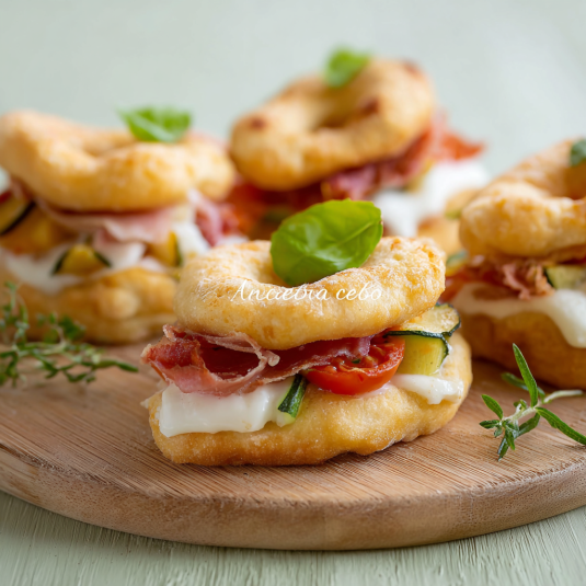Piatti con verdure e prosciutto.