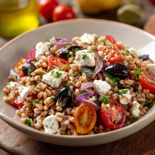 Una ciotola di riso con verdure e olive.