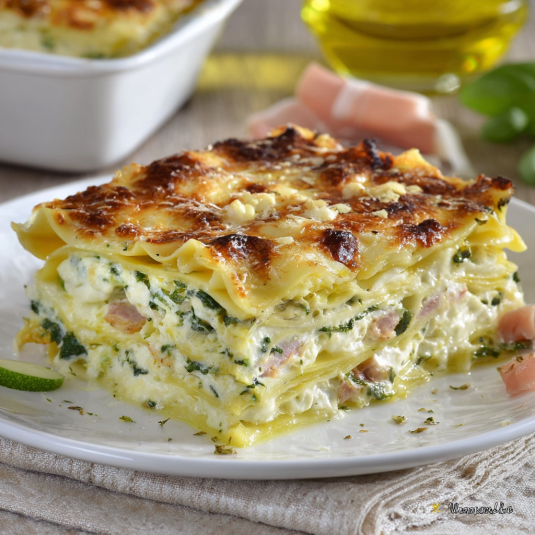 Un piatto di pasta con verdure e prosciutto.