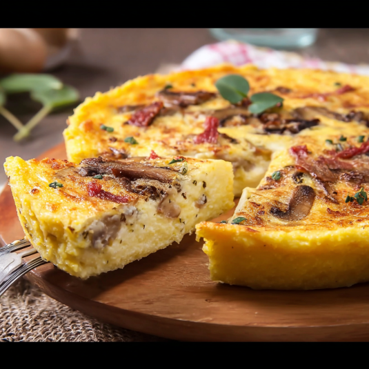 Una fetta di torta con funghi e spinaci.