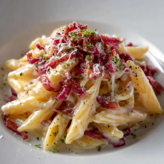 Penne con salmone e formaggio.