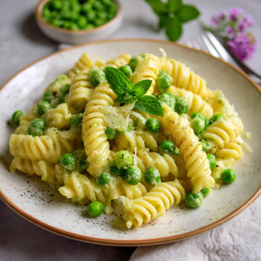 Una tavolata con un piatto di pasta e verdure.