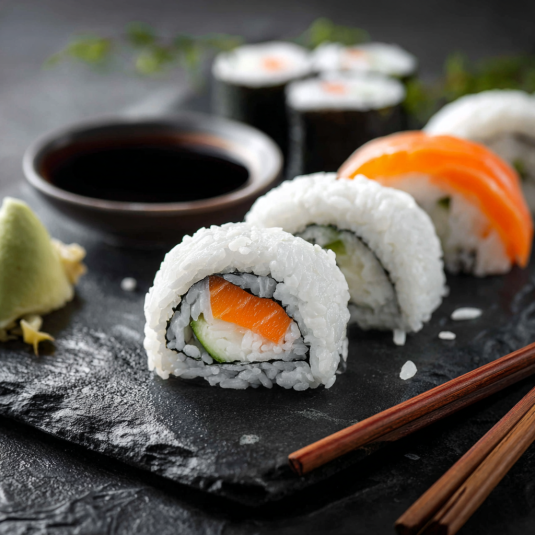 Sushi con pesce e verdure su una tavola.