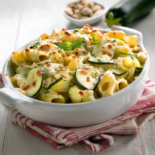 Una ciotola di pasta con verdure e formaggio.