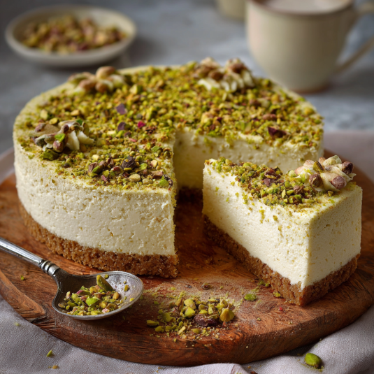 Una torta di crema con noci e pistacchi.