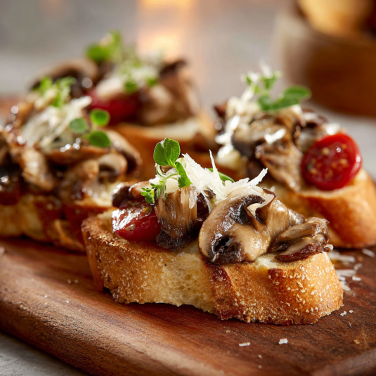 Quattro pezzi di pizza con funghi e pomodori.