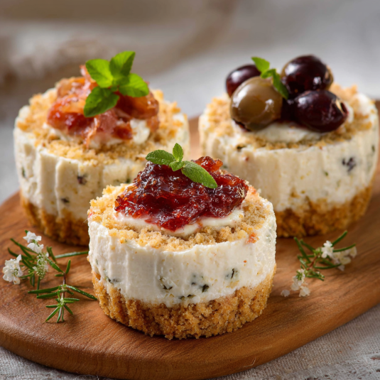 Tre bocconcini di formaggio con frullati e frullati con frullati.