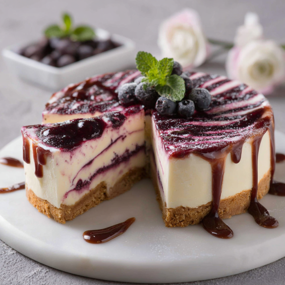 Un dolce con crema e frullato di blueberry.