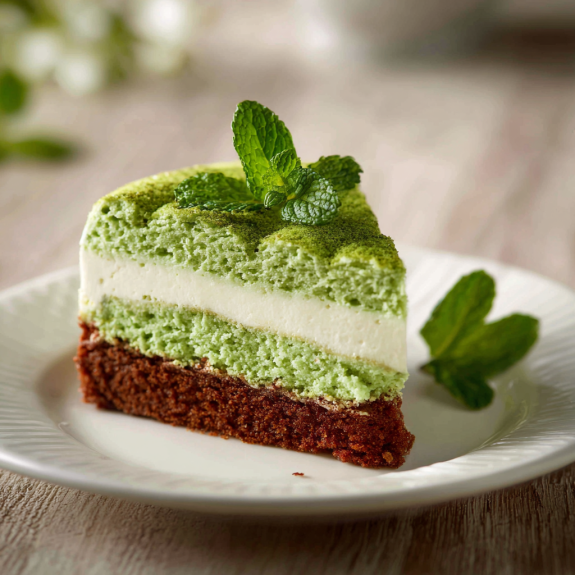 Una fetta di cake con foglie di menta.