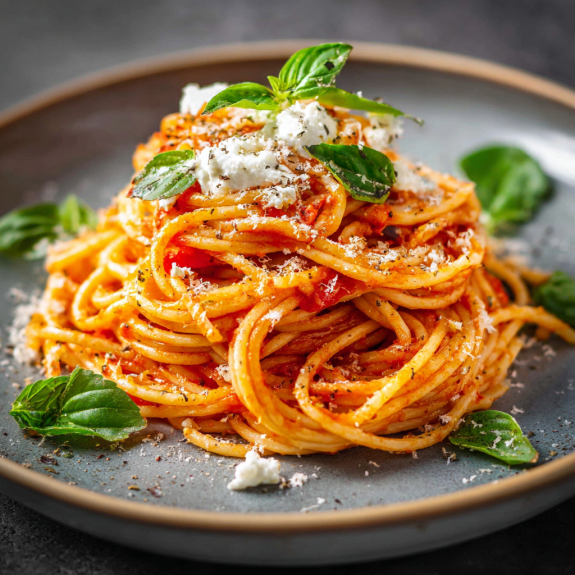 Spaghetti con verdure e formaggio.