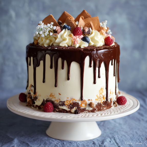 Un cake con crema e frullato di cioccolato.