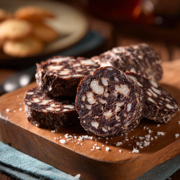 Un piatto di salame nero con pezzi tagliati.