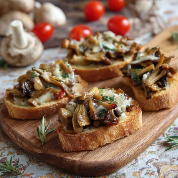 Quattro tostini con funghi e pomodori.