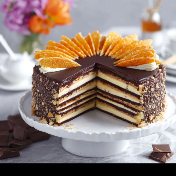 Un cake a forma di spirale con crema e frullato di cioccolato.