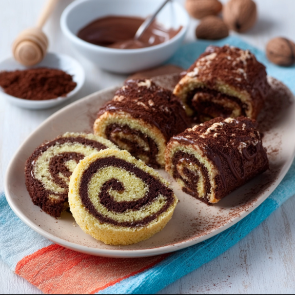 Un piatto con tre pezzi di ciambellone e una ciotola di cioccolato.