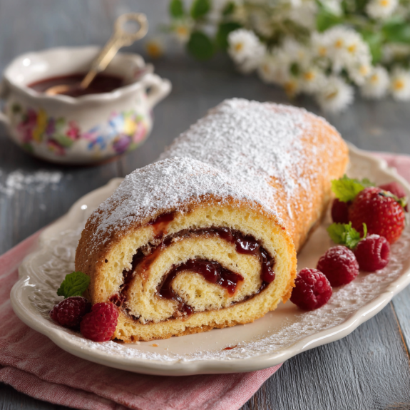 Un dolce a forma di spirale con crema e frutta.