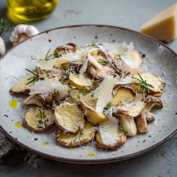 Piatti di funghi con olio e erbe.