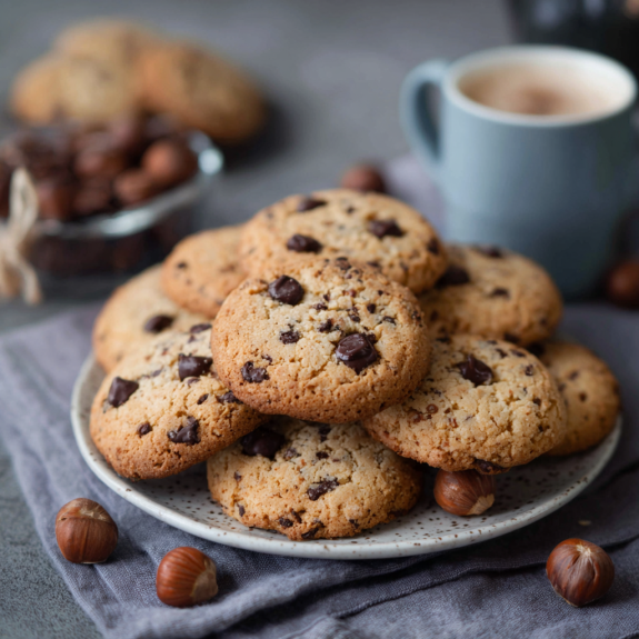 Un piatto di biscotti con cacao e noci.