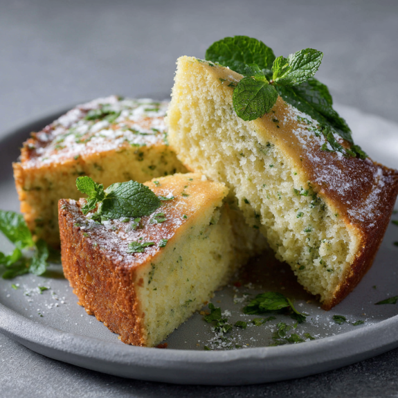 Una tavolata con un pezzo di cake e foglie di menta.