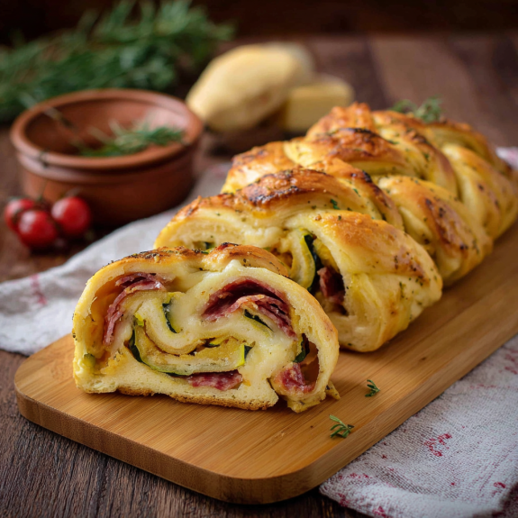 Un pane croissant con verdure e formaggio.