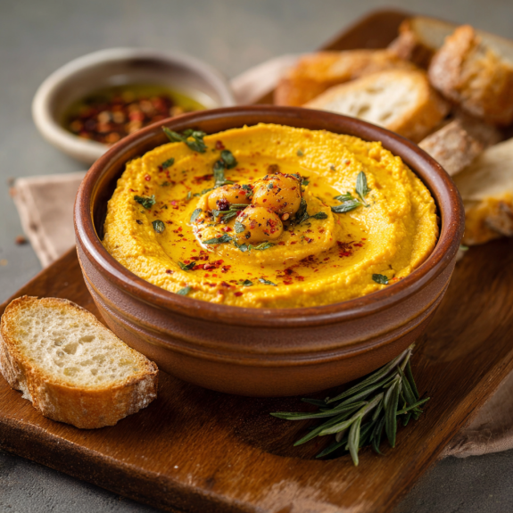 Una ciotola di hummus con pane e erbe.