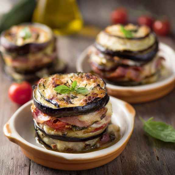 Piatti di verdure con bacon e formaggio.