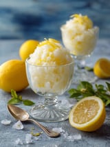 Due bicchieri di crema di limone con frullati di limone.