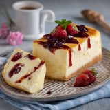 Un piatto con un dolce a base di crema e frullato di strawberry.