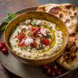Una ciotola di hummus con pomodori e basilico.