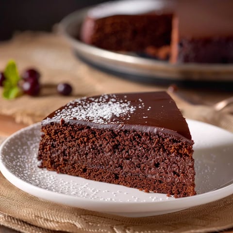 Un pezzo di torta di cioccolato con polvere di zucchero.