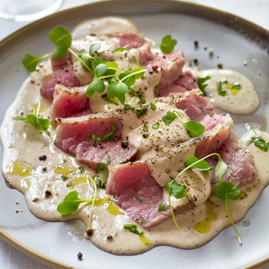 Piatti di carne con salsa bianca.