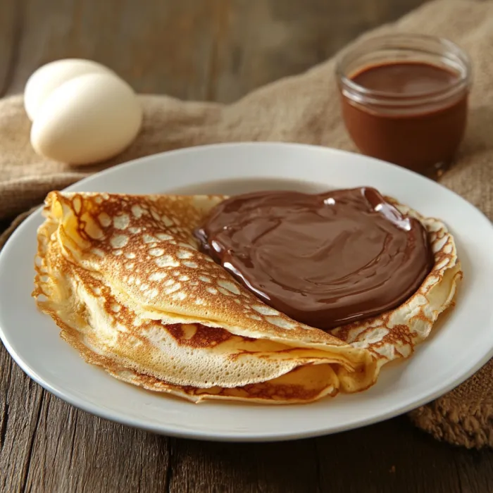 Un piatto di pancakes con chocolate e uova.