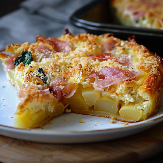 Una torta con ingredienti vari, come prosciutto, patate e spinaci, su un piatto bianco.