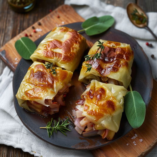 Piatti caldi con verdure e prosciutto.