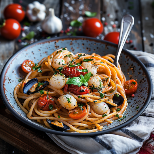 Una ciotola di spaghetti con pomodori, ostriche e peperoncini.