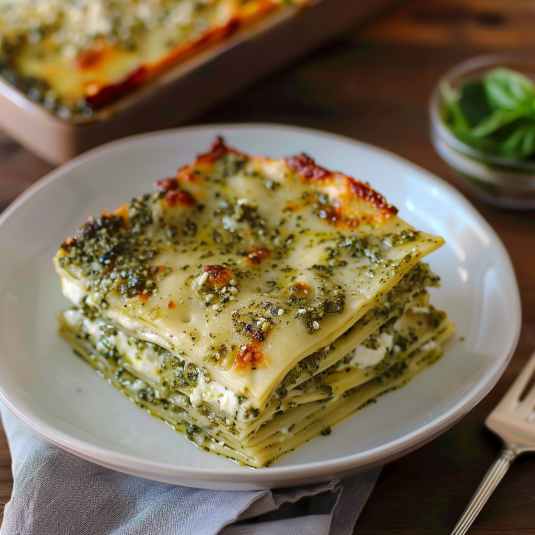 Un piatto di lasagna verde con erbe.