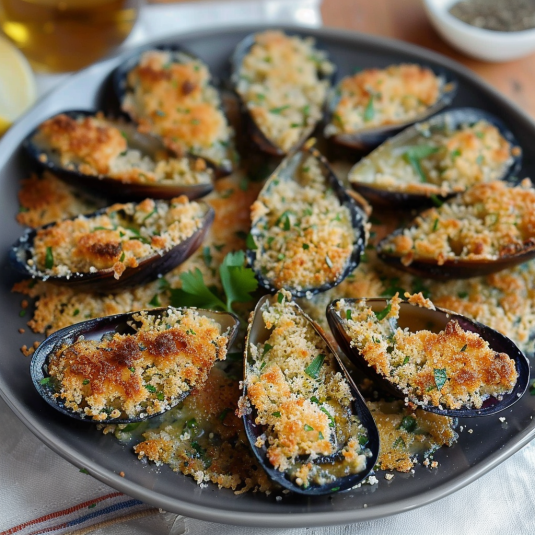 Piatti di cozze con erbe e cipolla.