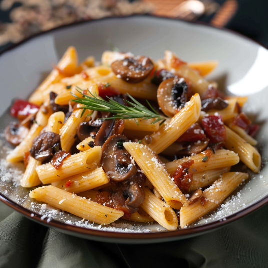 Penne con funghi e erbe.