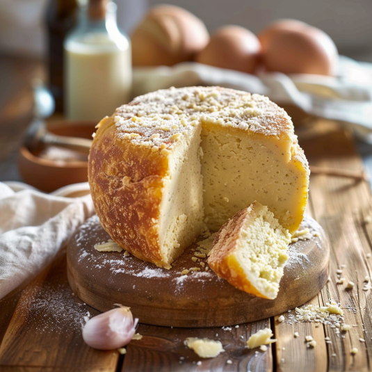 Una torta con la parte superiore tagliata e una bottiglia di latte vicino.