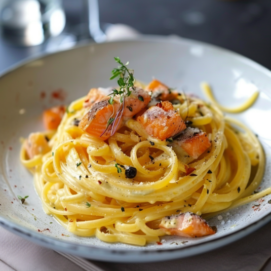 Penne con pesce e erbe.