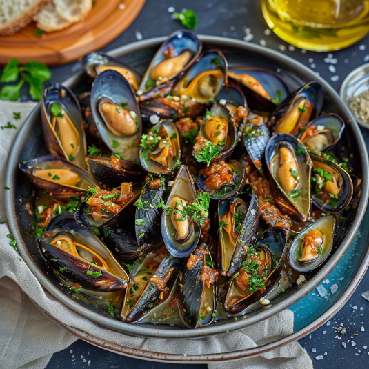Piatti di cozze con erbe.