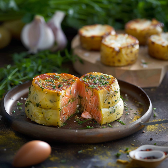 Due pezzi di salmone con verdure.