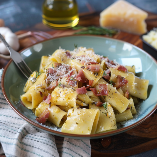 Penne con prosciutto e pecorino.