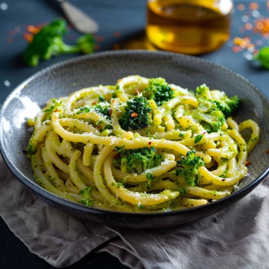 Piatti di spaghetti con verdure.