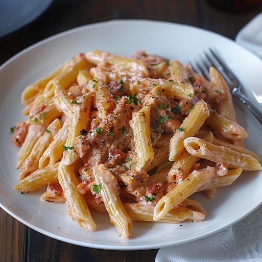 Penne con sugo di pollo e verdure.