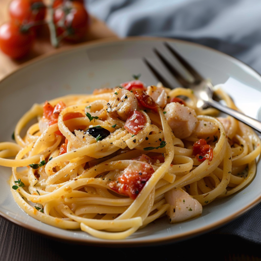 Penne con tomate e pesce.