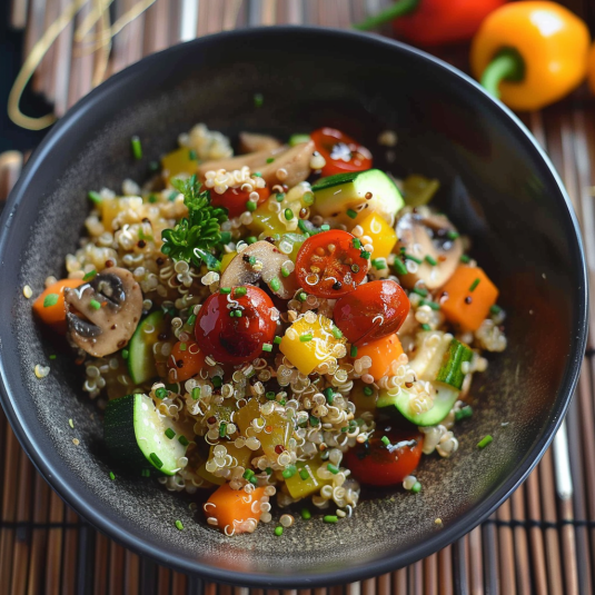 Una ciotola di riso con verdure e mushroom.