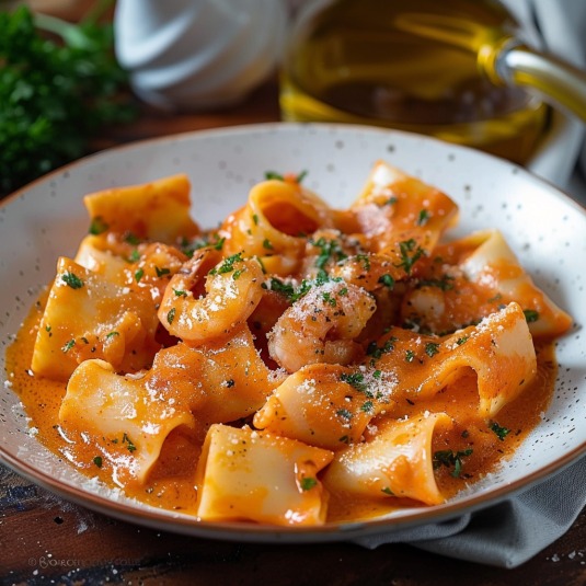 Piatti di pasta con sugo di pomodoro e basilico.
