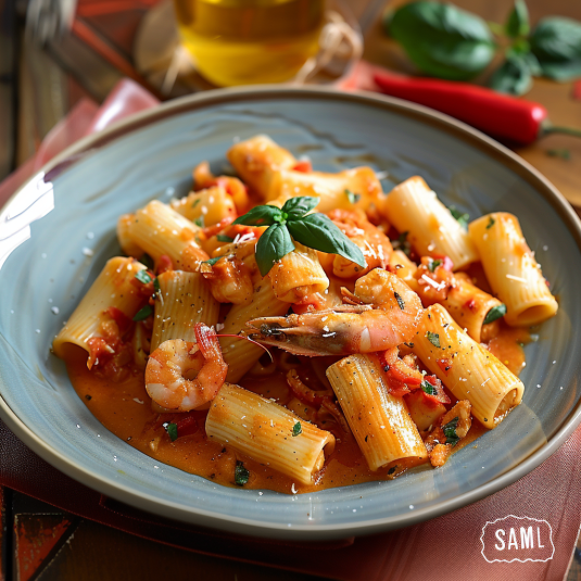 Penne con pesce e basilico.